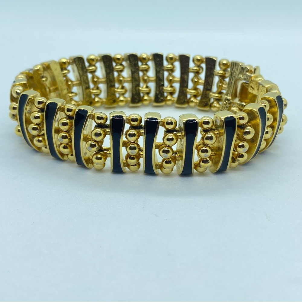 Vintage Joan Rivers Gold Tone Bead & Black Enamel Chunky 7 1/2” Bracelet